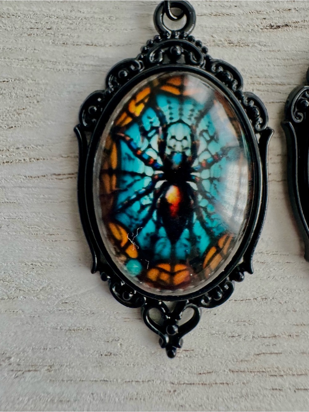 Vintage-Style Spider Stained Glass Oval Earrings in Teal & Amber 2” long - Picture 4 of 4